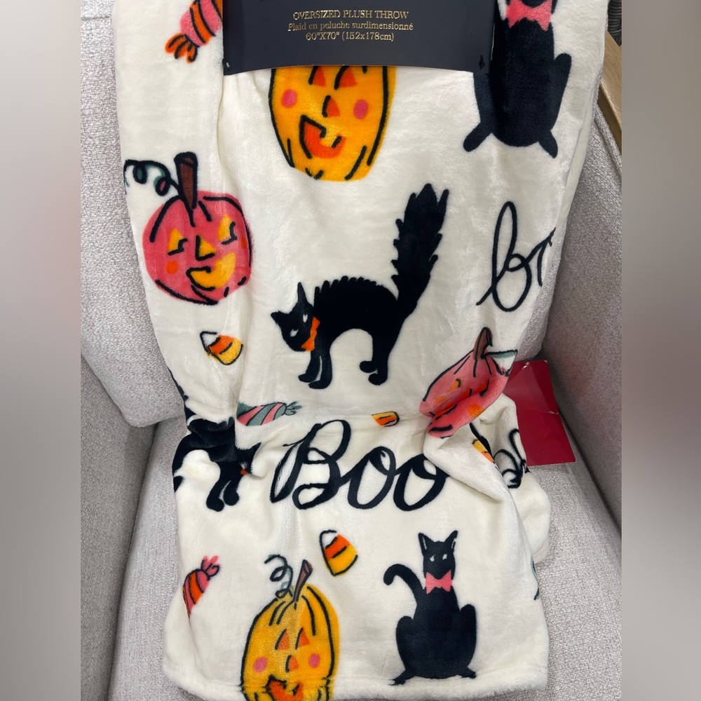 Halloween Black Cats Pink Bows Pumpkins Boo Rachel Roy Plush Blanket 60”x70 NWT